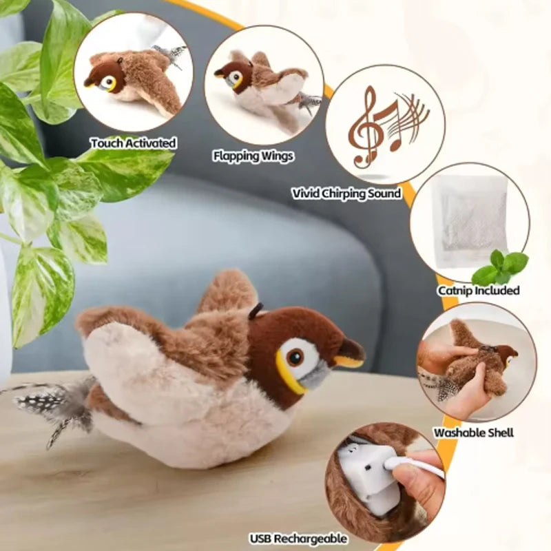 Interactive Cat Toy Flapping Bird Plush Chirping Toy Touch Activated