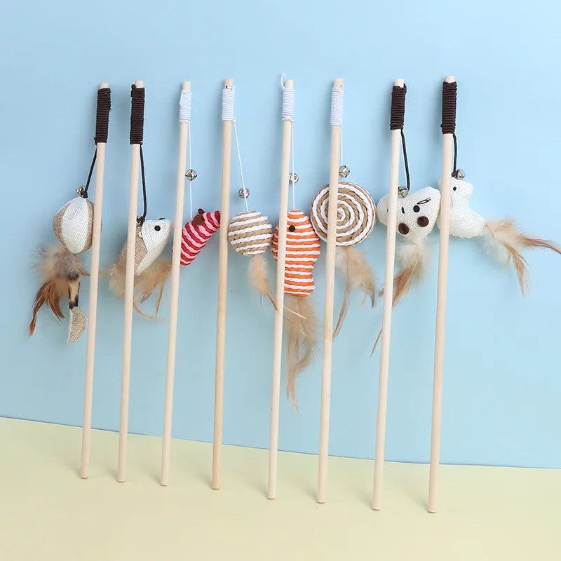 Cat Teaser Toy – Wooden Wand with Bell & Elastic Rope
