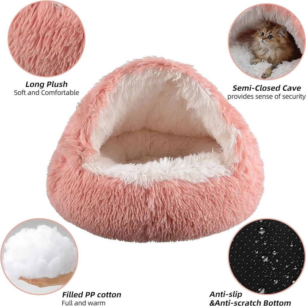 Covered Cat Bed – 2-in-1 Plush Cave Bed for Cats & Small Dogs