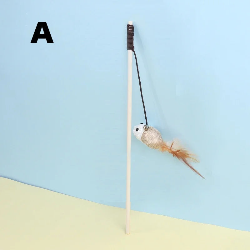 Cat Teaser Toy – Wooden Wand with Bell & Elastic Rope