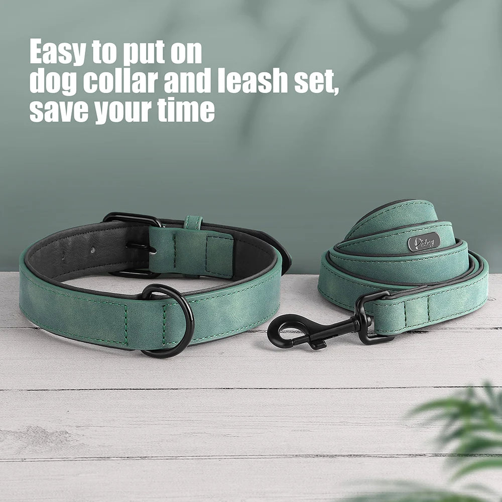 PU Leather Dog Collar and Leash Set, Adjustable Padded